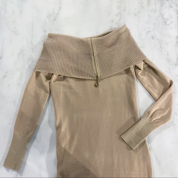 Off Shoulder Long Sleeve Fitted Sweater Dress - Picture 2 of 16